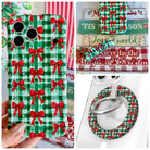 Plaid Tidings & Bows iPhone Matching Set - green and white gingham MagSafe case with red Christmas bows, matching Hold It Fancy grip ring and scrunchie phone wrist strap from Fancy Bands
