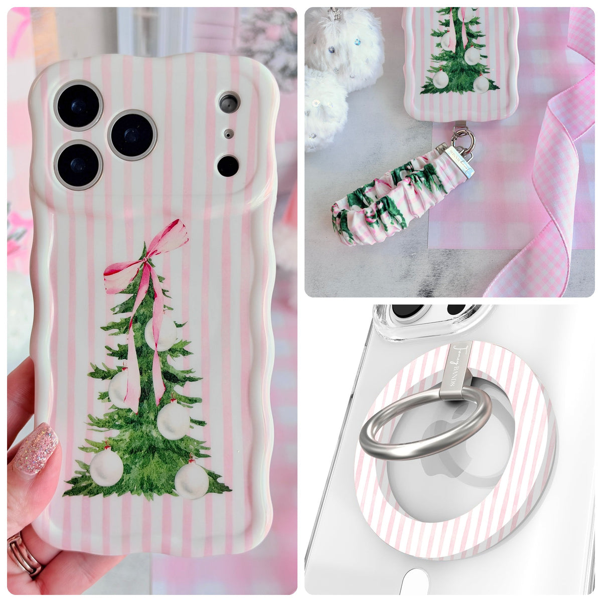 Pretty in PinkMas iPhone Matching Set - pink and white striped MagSafe case with a bow-tied Christmas tree, matching Hold It Fancy grip ring and scrunchie phone wrist strap from Fancy Bands