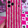 Trendy wavy iPhone case featuring a distressed pink and cream candy stripe pattern with a textured grunge static overlay and high-gloss finish.