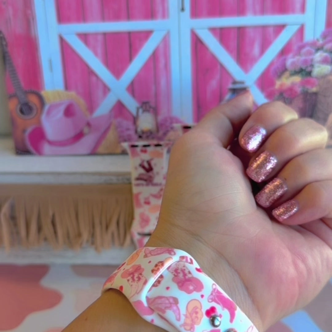 Let's Go Girls Apple Watch band with pink cowboy boots and western hats on mint background with barn decor
