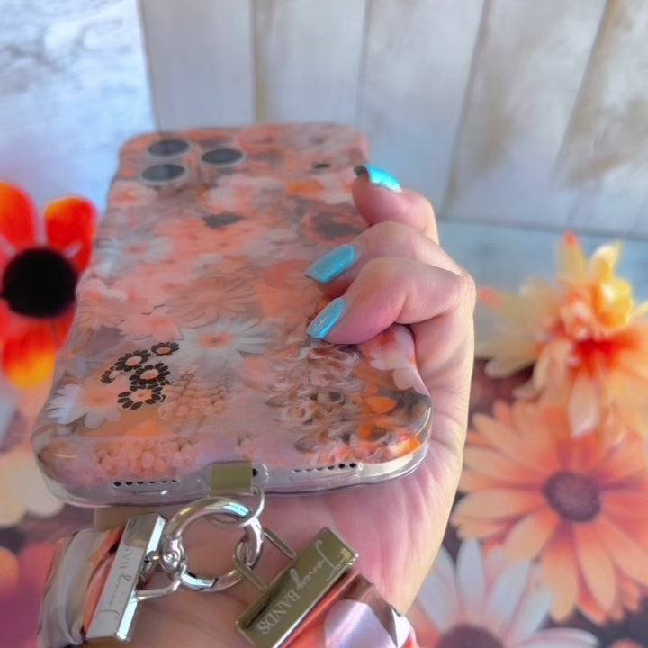 Fall Blooms autumn floral scrunchie phone wrist strap in orange and cream from Fancy Bands