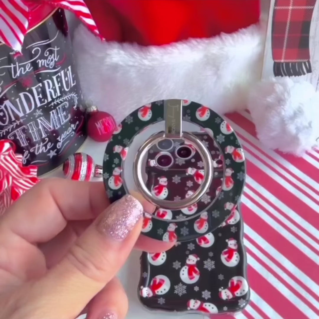Video: snapping the Snowman MagSafe grip ring onto the matching case and using the silver ring as a finger grip