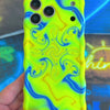 Trendy wavy iPhone case featuring an electric neon yellow and blue liquid swirl psychedelic pattern with a high-gloss finish.