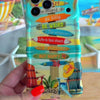 Trendy wavy iPhone case featuring a beach scene with colorful surfboard signs and a "Life is too short to be happy" quote with a high-gloss finish.