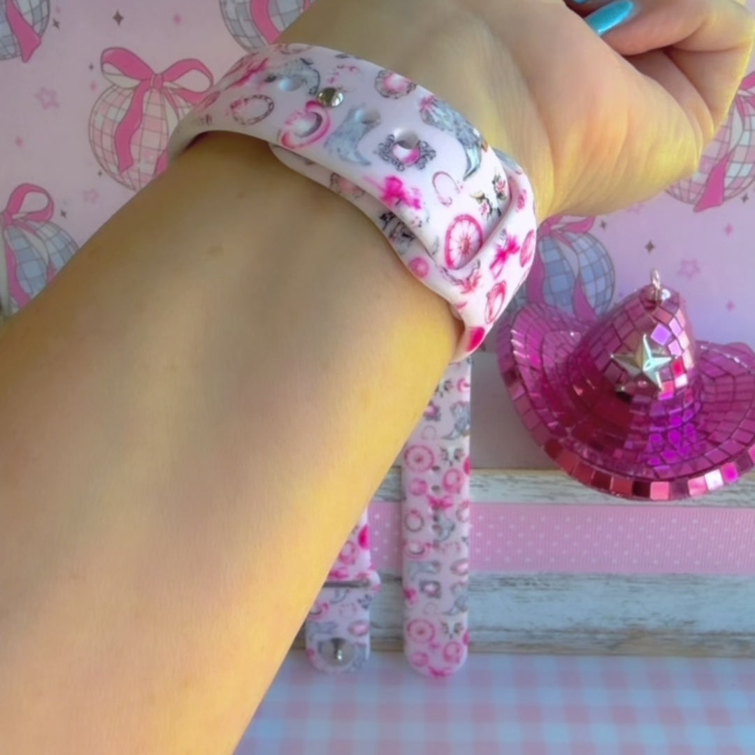 Disco Cowgirl pink western print silicone band for Samsung Galaxy Watch with cowboy boots and disco balls from Fancy Bands