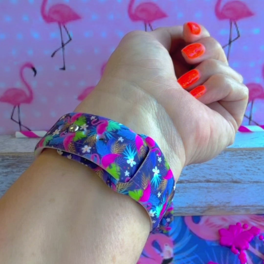 It's Giving Flamingo Samsung Watch band with pink flamingos and tropical palm leaves on blue background with flamingo decorations