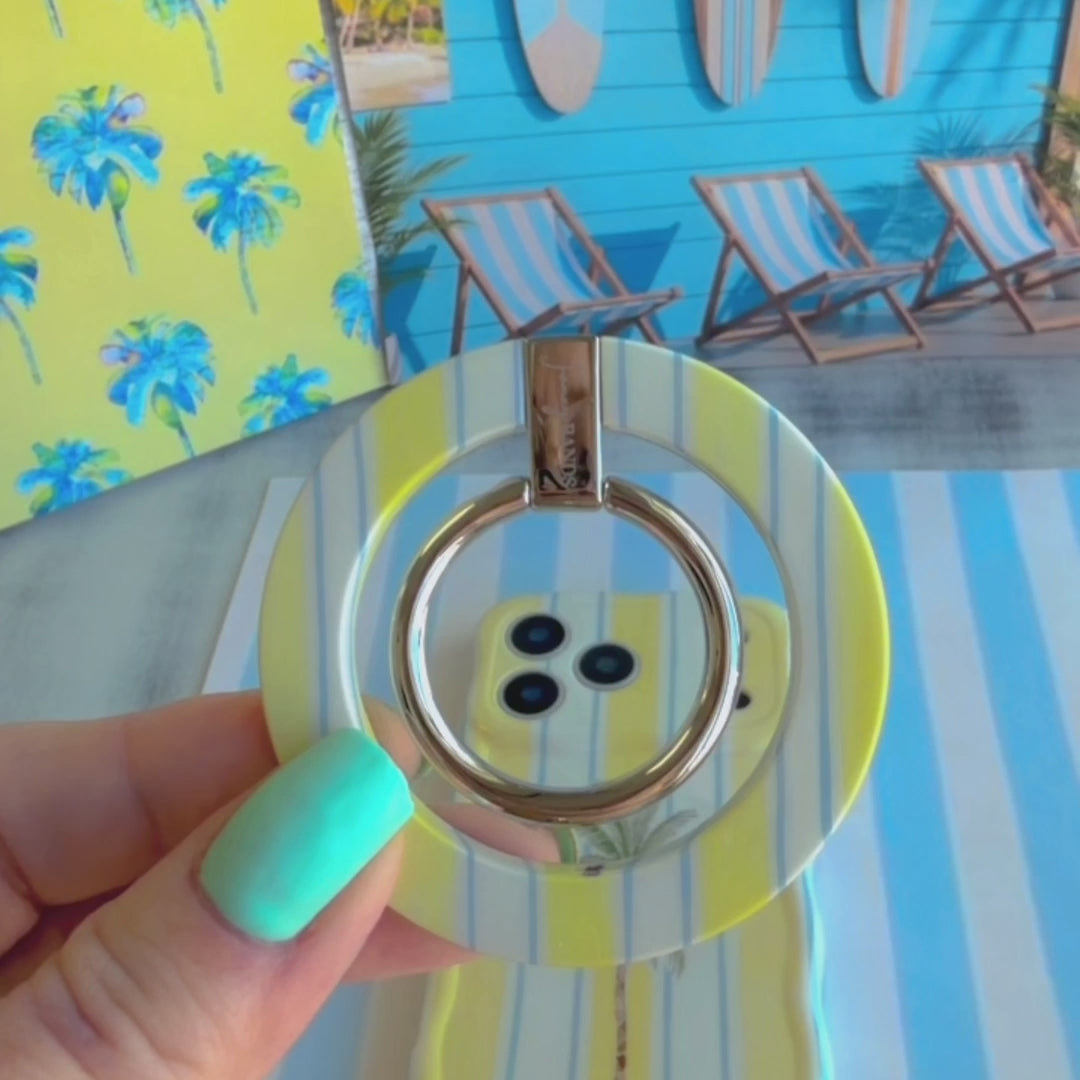 Palm Shore Club MagSafe phone grip ring with yellow blue and white watercolor stripes compatible with iPhone and Samsung