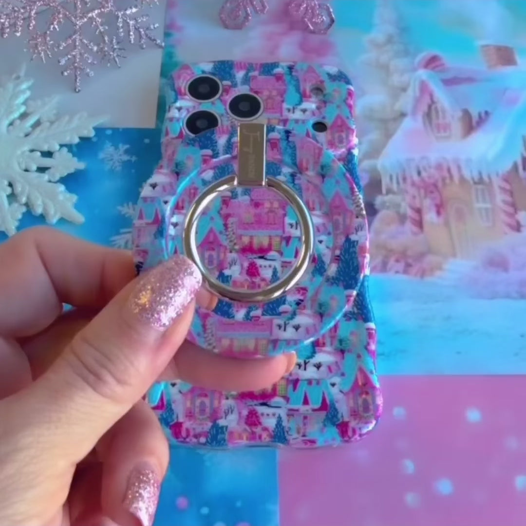 Video: Sugarplum Square grip ring shown close up, then snapped onto the matching case and held with one finger through the silver ring