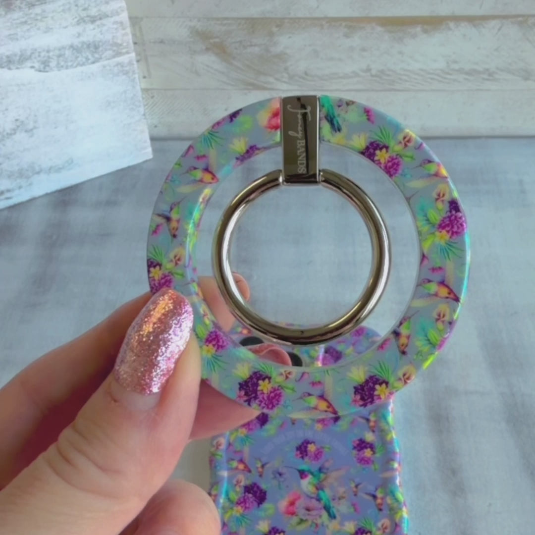 Hummingbird Bliss pattern MagSafe phone grip ring with colorful birds and purple flowers on lavender background compatible with iPhone and Samsung