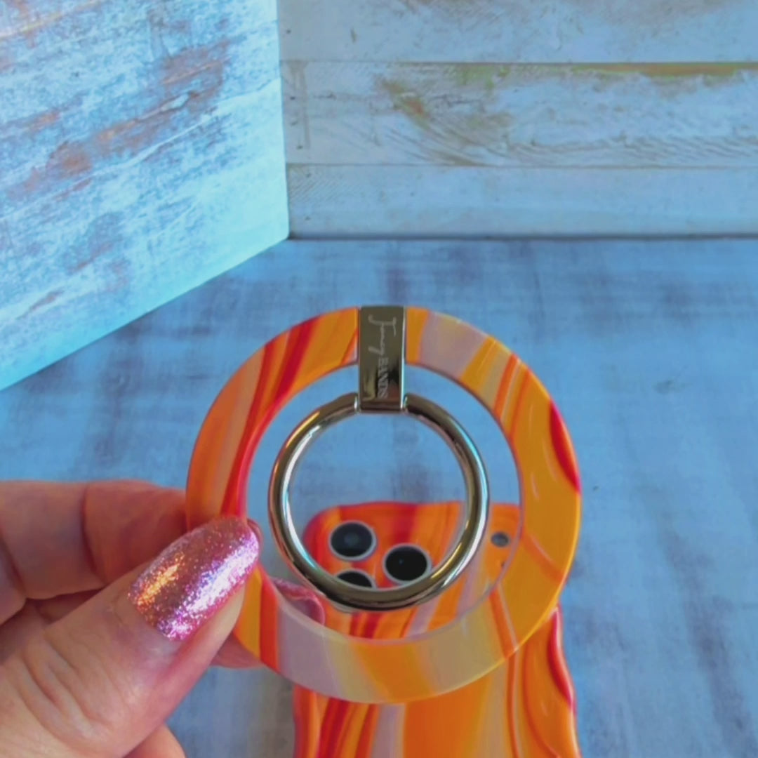 Orange Crush bright abstract orange swirl pattern MagSafe phone grip ring and stand compatible with iPhone and Samsung