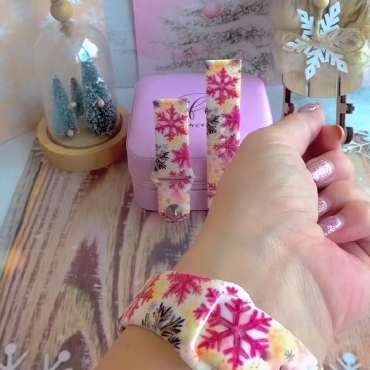 Video: Champagne Snowfall Samsung Galaxy Watch band worn on the wrist, then both straps shown on a pink jewelry box