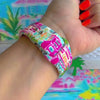 La Palma Villa Apple Watch band with colorful beach houses and palm trees in pink, blue, and turquoise with tropical backdrop
