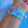 Video: Twinkle All The Way Samsung Galaxy Watch band worn with a rose gold Galaxy Watch, then both straps on a pink jewelry box