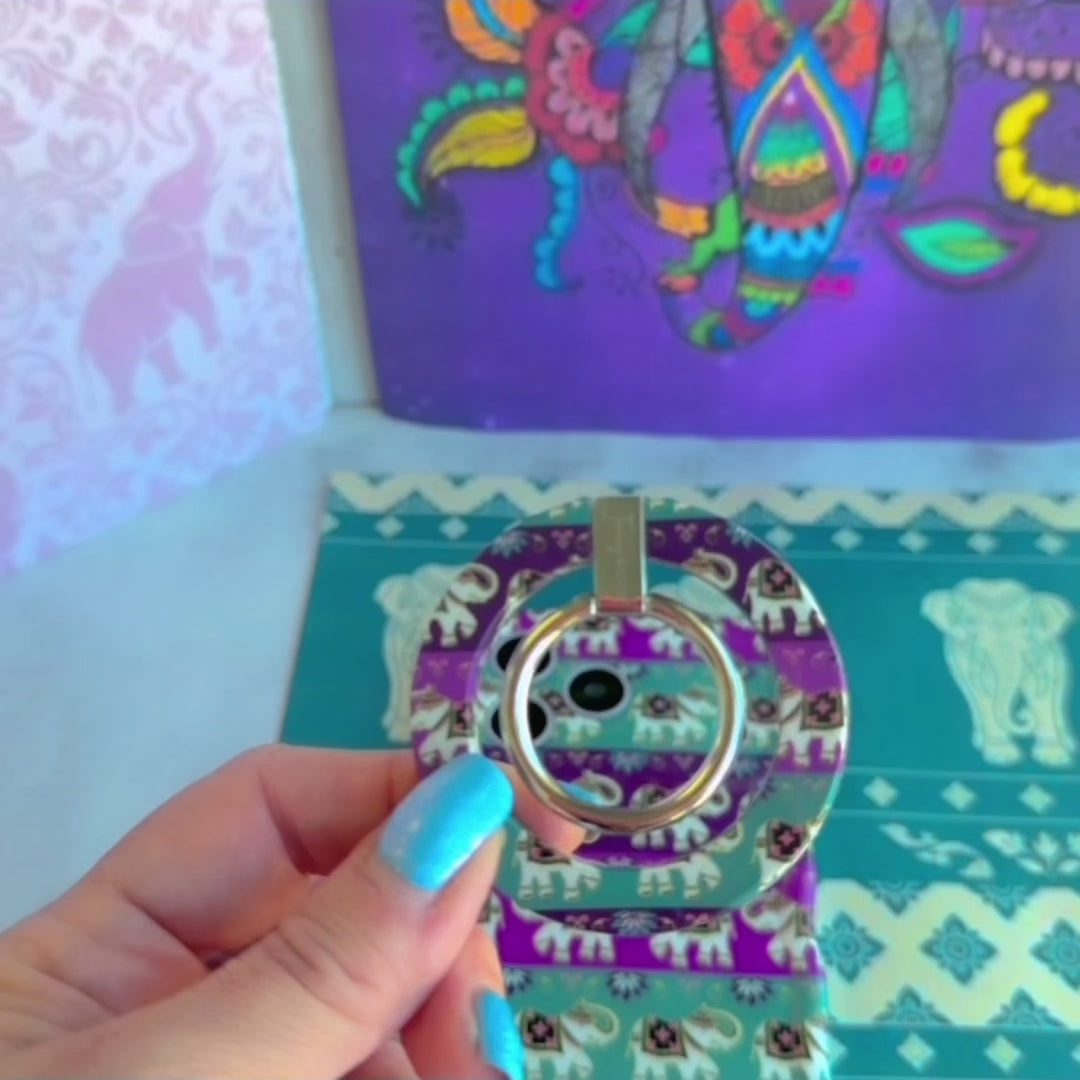 Fortune Parade Hold It Fancy MagSafe grip ring with a colorful boho elephant parade print from Fancy Bands