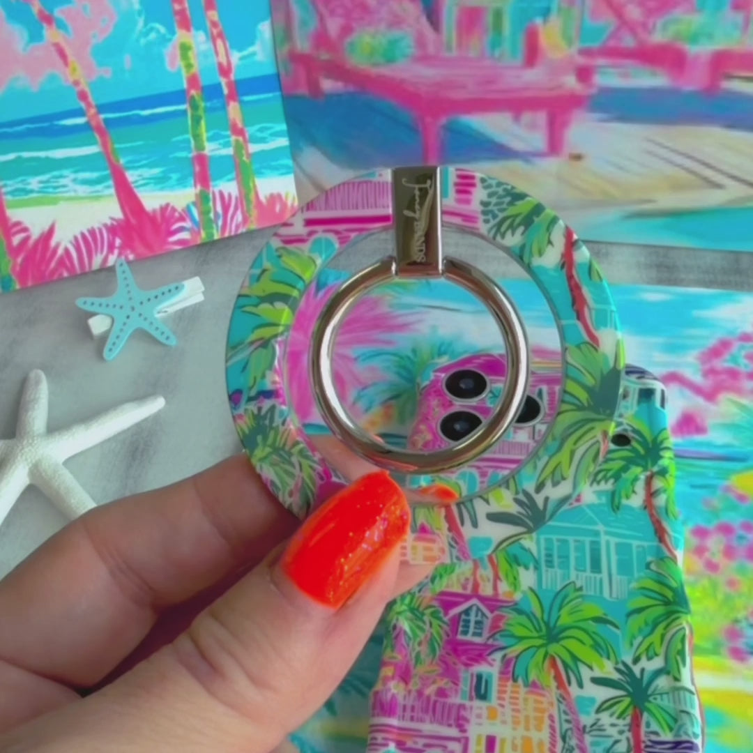 La Palma Villa tropical pattern MagSafe phone grip ring with pink and orange architecture and green palm leaves compatible with iPhone and Samsung