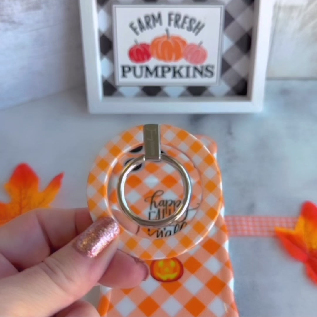 Happy Fall Y'all Hold It Fancy MagSafe grip ring with an orange gingham and pumpkin print from Fancy Bands