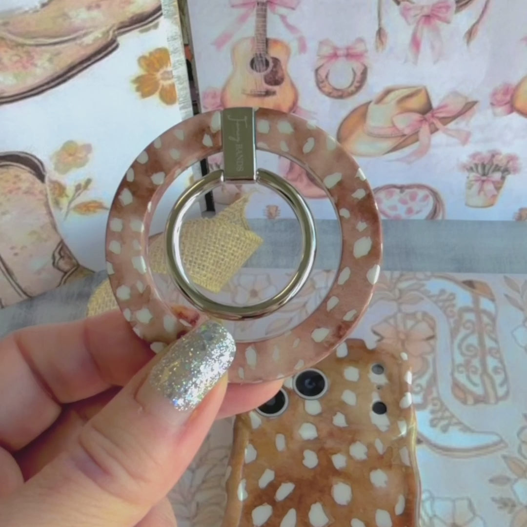 Whiskey Fawn pattern MagSafe phone grip ring with watercolor brown base and creamy white deer spots compatible with iPhone and Samsung