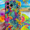Trendy wavy iPhone case featuring a vibrant tropical pattern of red macaws, pink hibiscus, and green palm leaves with a high-gloss finish.