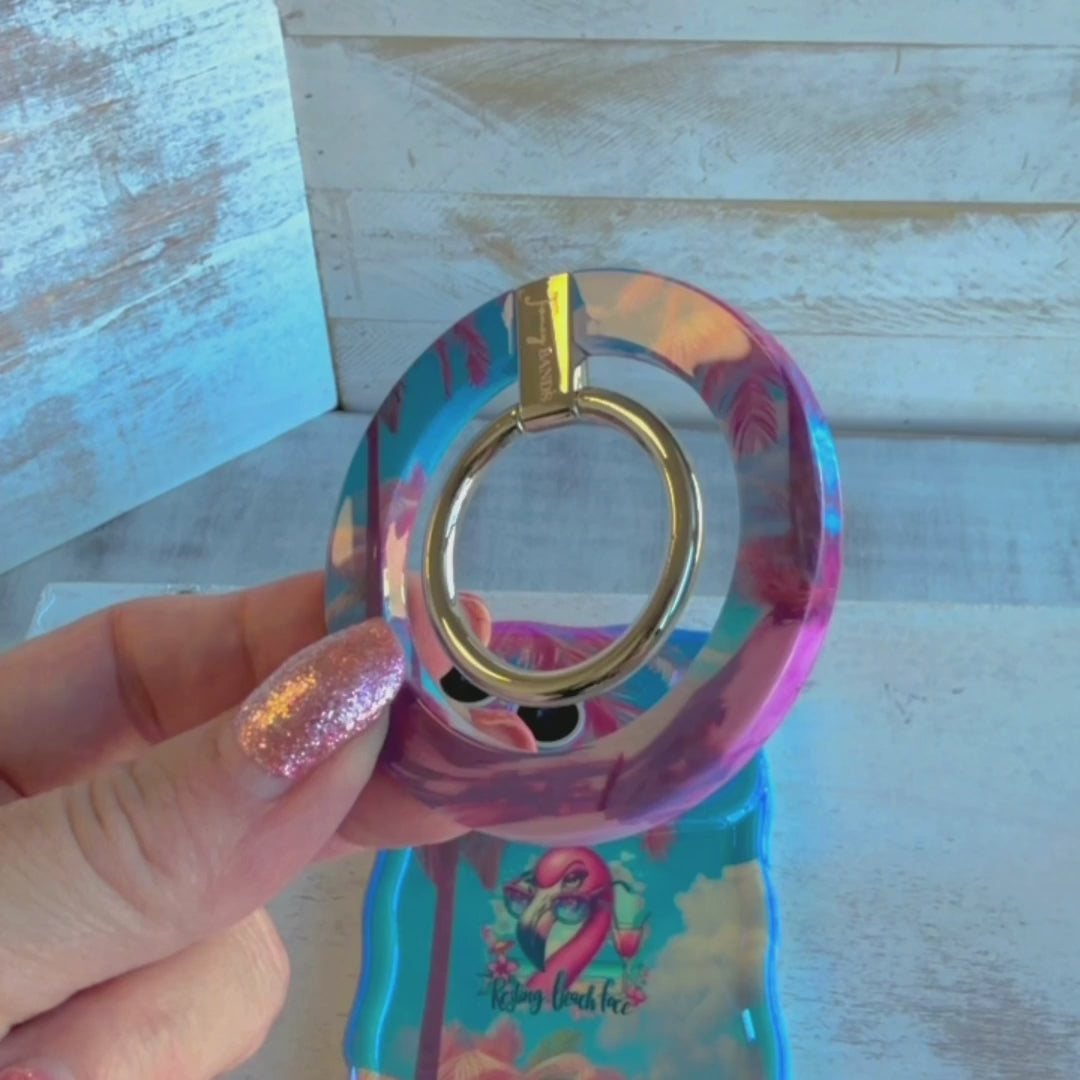 Resting Beach Face tropical beach scene MagSafe phone grip ring with pink sand and palm trees compatible with iPhone and Samsung