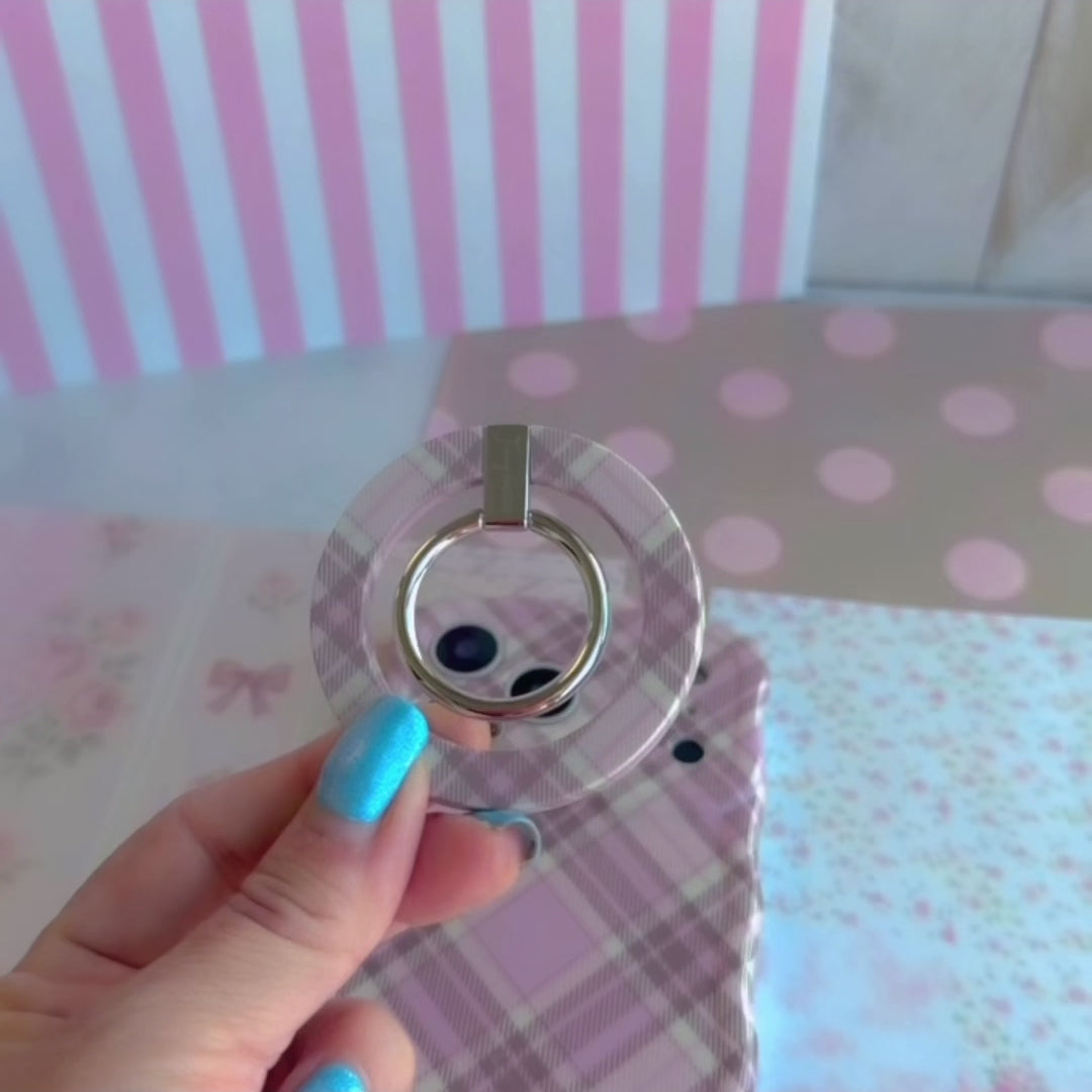 Pink Cashmere Plaid Hold It Fancy MagSafe grip ring with a soft pink, cream and taupe tartan plaid print from Fancy Bands