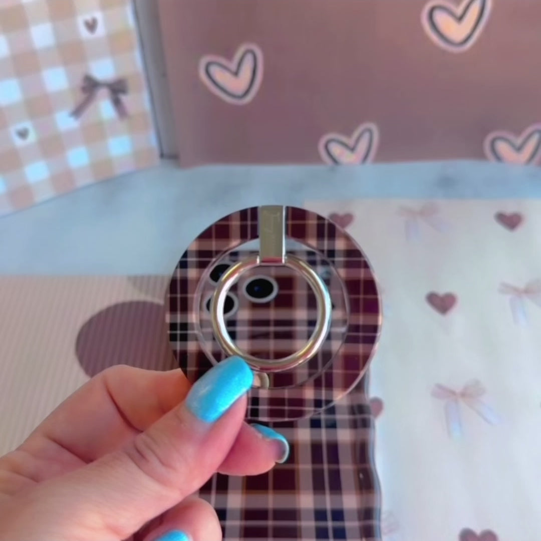 Toffee Tartan Hold It Fancy MagSafe grip ring with a brown, tan and cream tartan plaid print from Fancy Bands