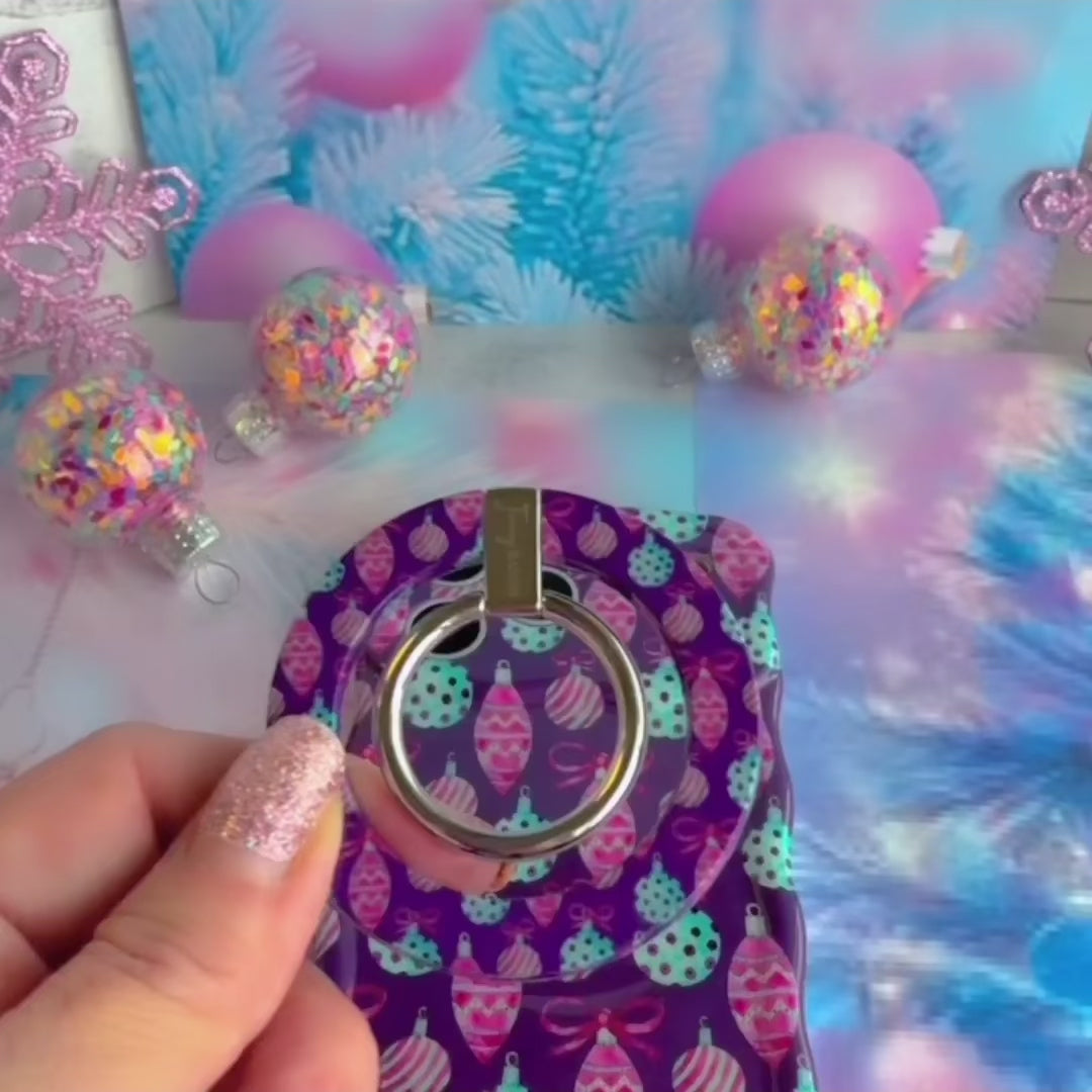 Video: the Just One More Ornament matching set, grip ring snapped onto the case, scrunchie worn on the wrist and the phone hanging from the strap