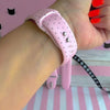 Silently Judging You Apple Watch band with black cat silhouette and funny text on pink background with polka dots
