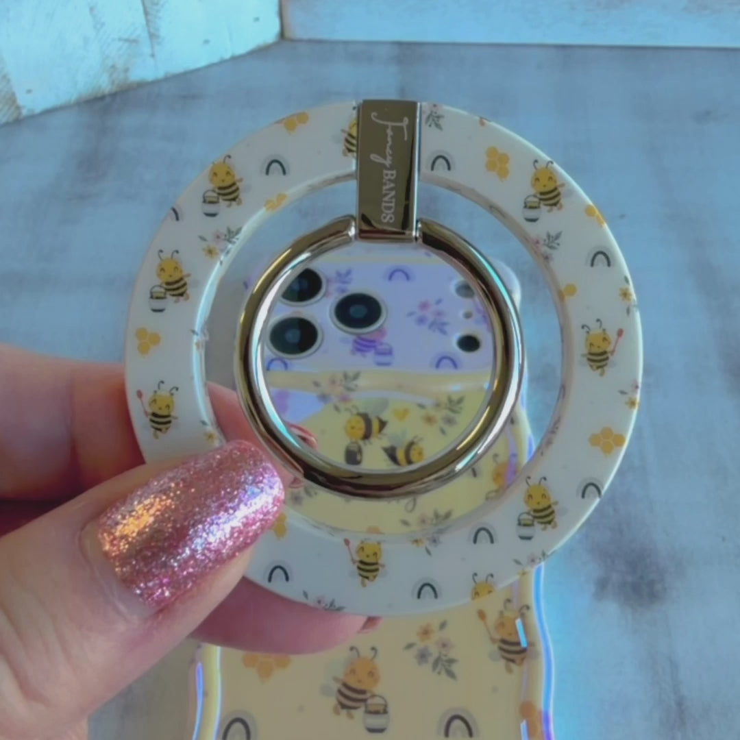 Cute bumblebee and honeycomb pattern MagSafe phone grip ring and stand compatible with iPhone and Samsung