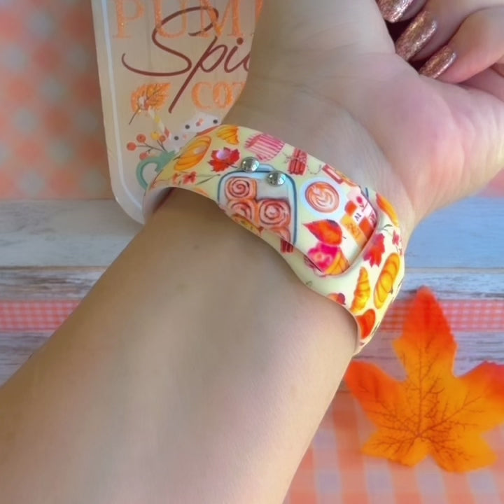 Video of the All The Fall Things Apple Watch band showing the cream silicone and its watercolor pumpkin, pie and autumn leaf collage from every angle.