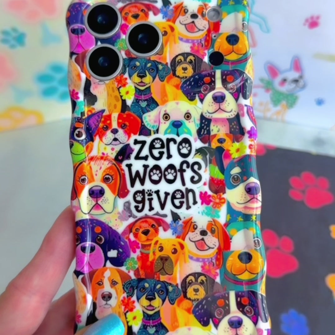 Zero Woofs Given Wavy Luxe MagSafe iPhone case with a colorful illustrated dog print design from Fancy Bands