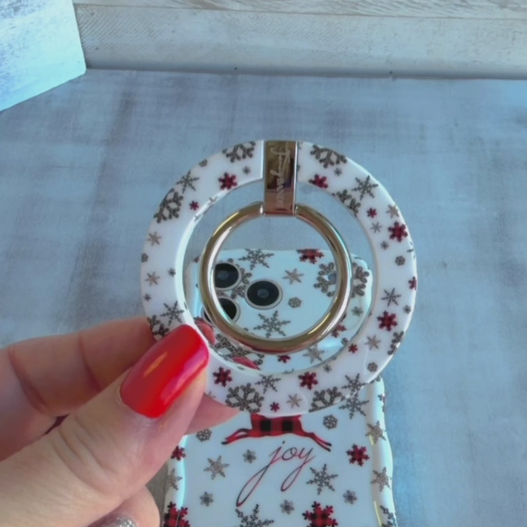 Winter wonderland phone grip ring with deer and snowflake design
