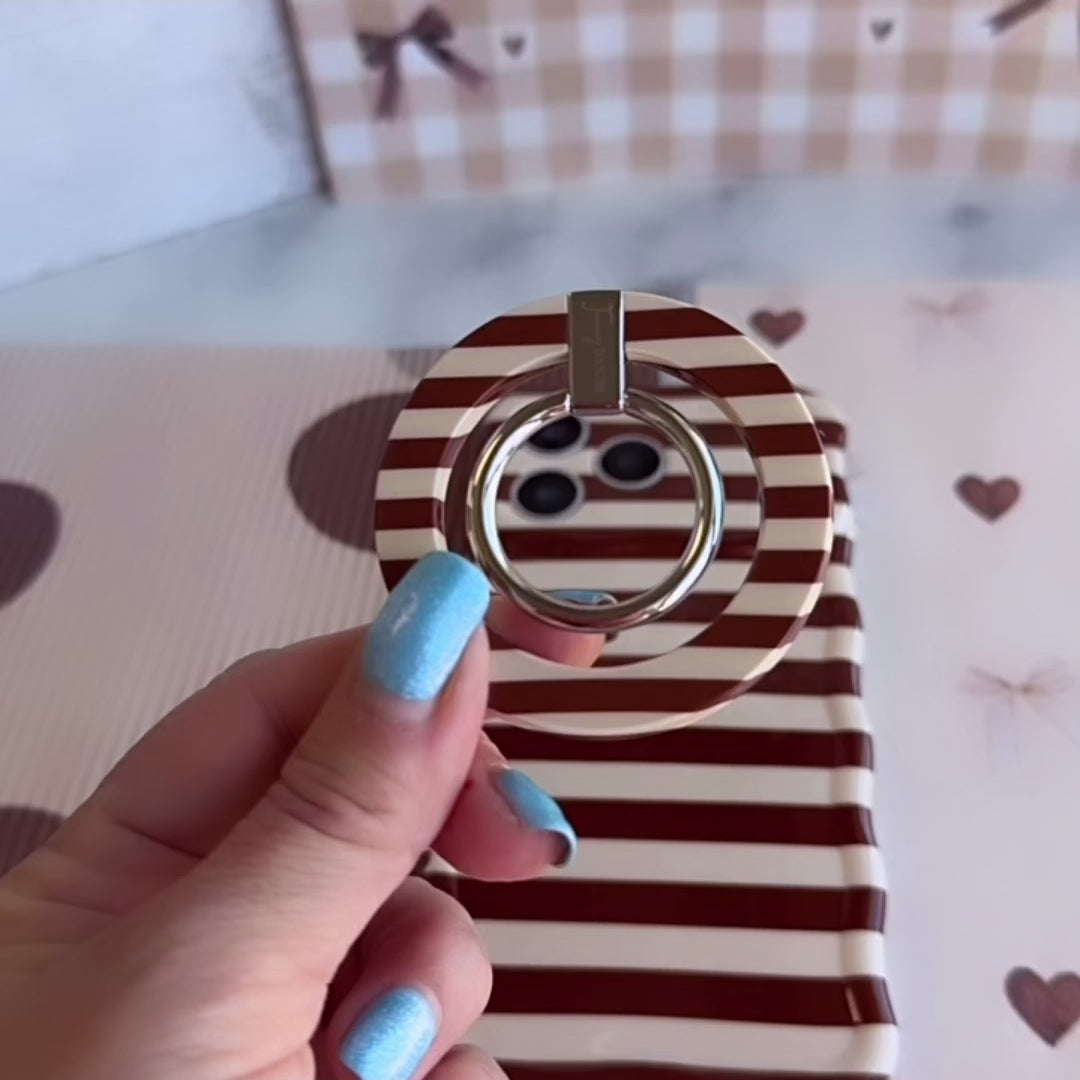 Sweet Espresso Stripes Hold It Fancy MagSafe grip ring with a brown and cream striped print from Fancy Bands