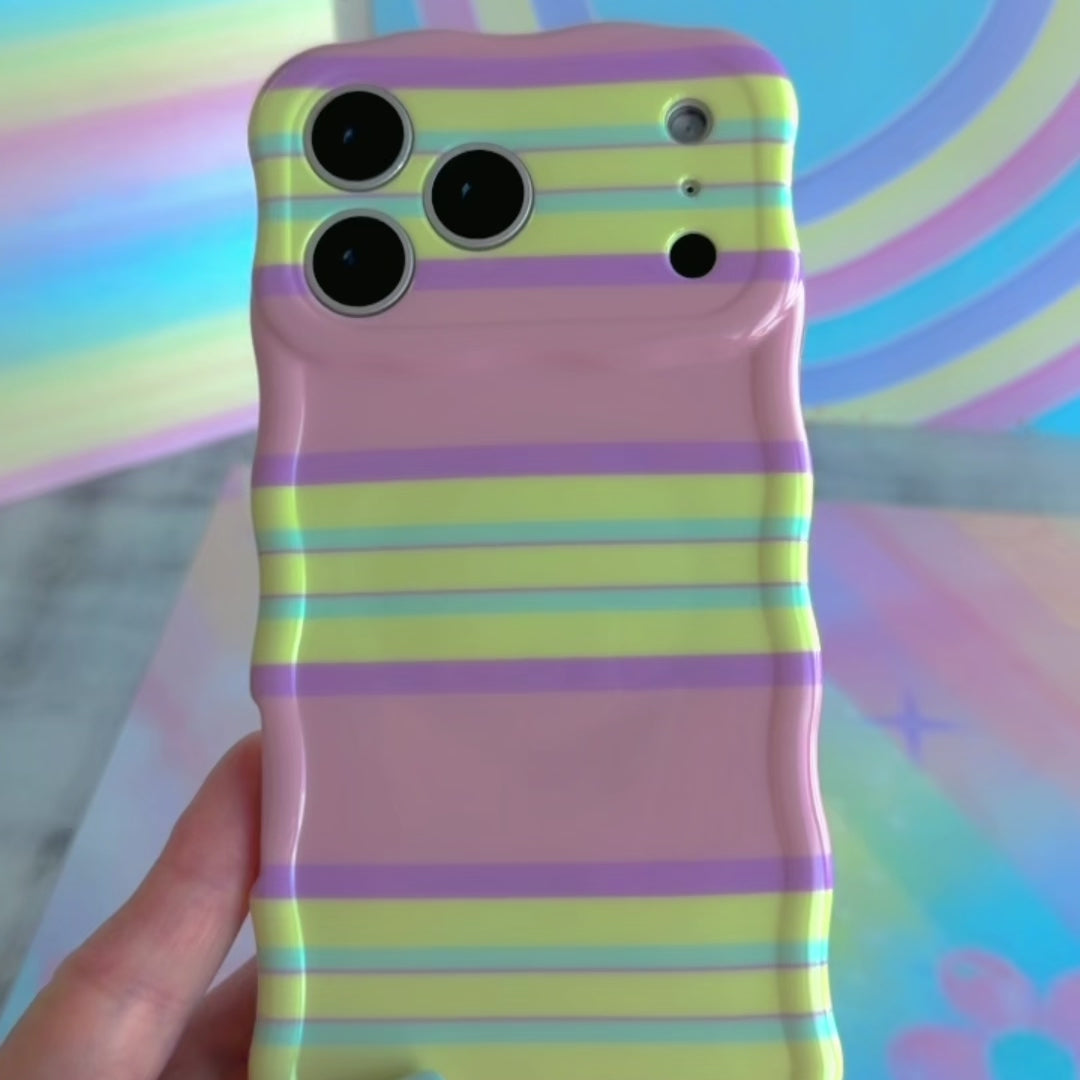 Wavy iPhone case featuring horizontal stripes in bubblegum pink, lavender, mint green, and yellow with a glossy finish.