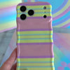 Wavy iPhone case featuring horizontal stripes in bubblegum pink, lavender, mint green, and yellow with a glossy finish.