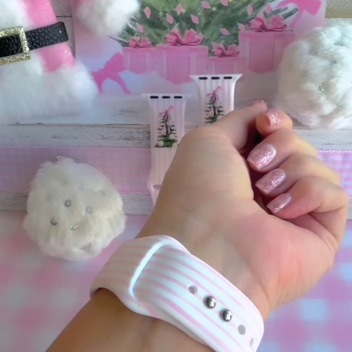 Video: wearing the Pretty in PinkMas Apple Watch band on the wrist, then showing both straps