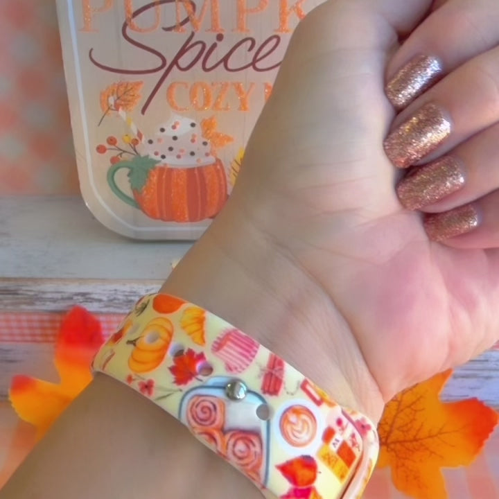 Video of the All The Fall Things Samsung Galaxy Watch band showing the cream silicone and its watercolor pumpkin, pie and autumn leaf collage from every angle.