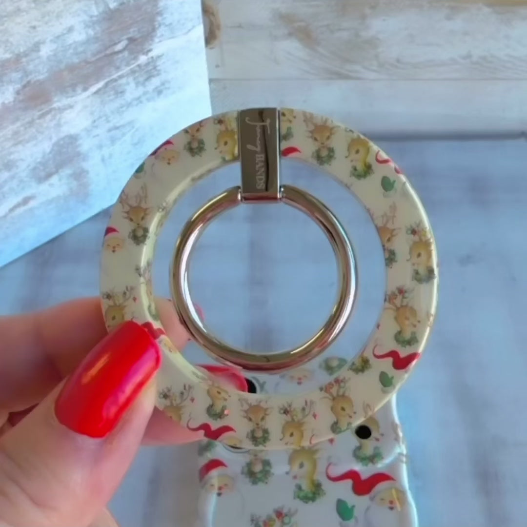 Video: the Vintage Christmas matching set, grip ring snapped onto the case, scrunchie worn on the wrist and the phone hanging from the strap