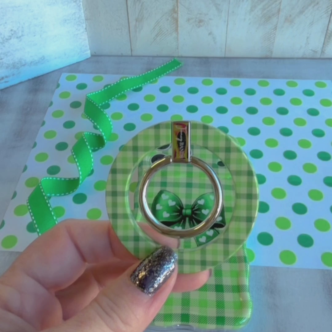 Green Gingham Darling picnic plaid pattern MagSafe phone grip ring in meadow green and cream compatible with iPhone and Samsung