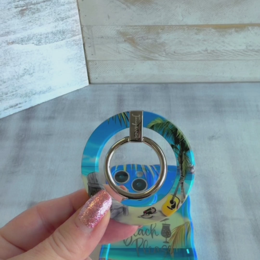 Beach Please tropical beach scene MagSafe phone grip ring with guitar chair and palm trees compatible with iPhone and Samsung