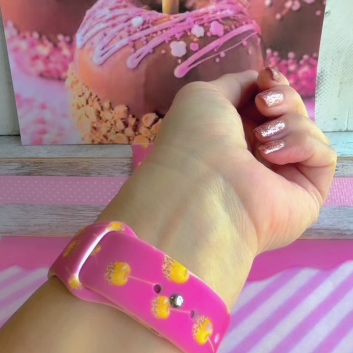 Video of the Caramel Coated Cutie Samsung Galaxy Watch band showing the rose-pink silicone and golden caramel apple print from every angle.