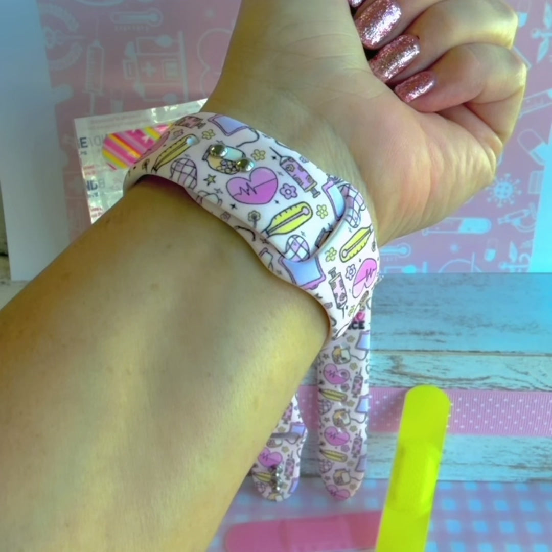 Resting Nurse Face Apple Watch band with coffee cups, stethoscopes, and medical icons on cream background
