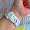 Coastal Catch Apple Watch band with orange lobsters, blue crabs, and yellow lemons on gray background with starfish decorations
