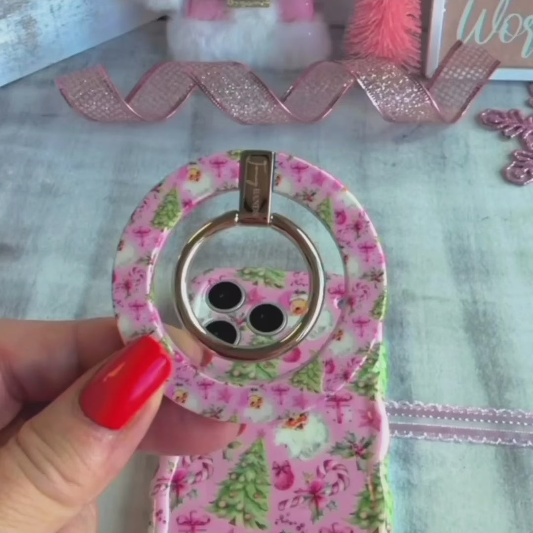 Video: the Jolly Pink Santa matching set, grip ring snapped onto the case, scrunchie worn on the wrist and the phone hanging from the strap