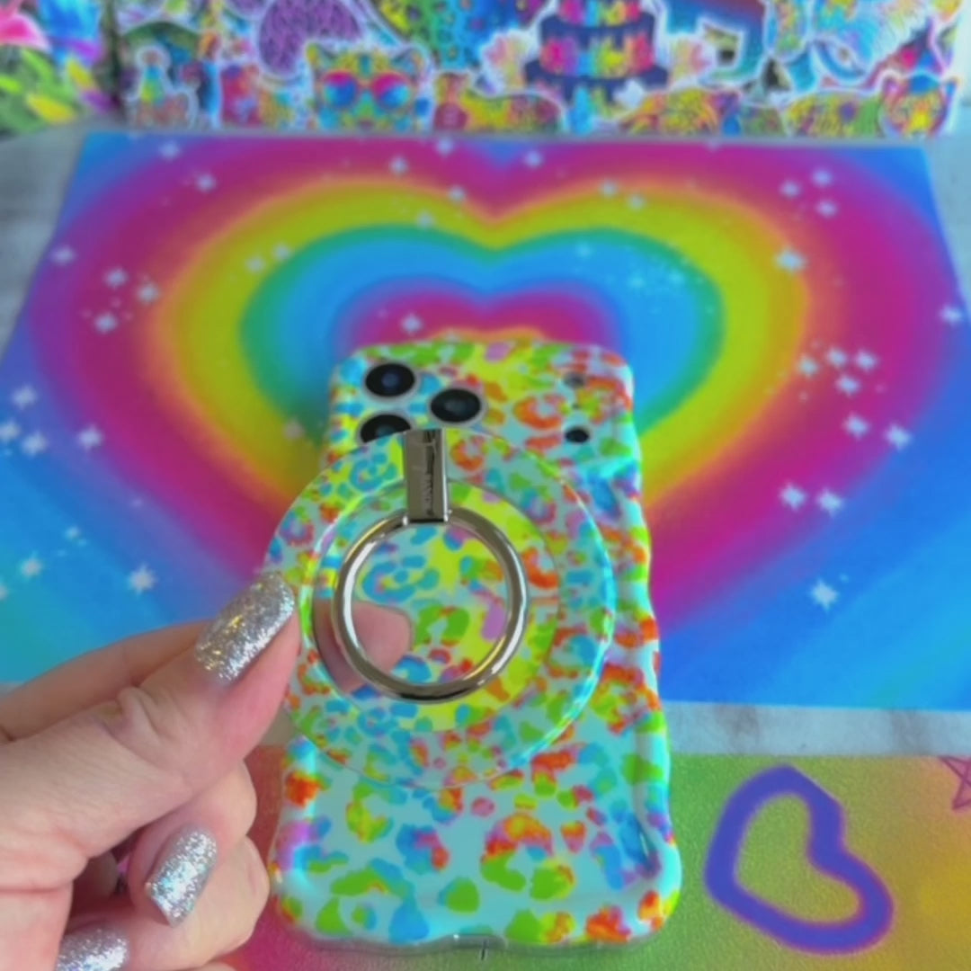 Rainbow Roar Leopard MagSafe phone grip ring with neon multi-colored animal print spots on a mint background compatible with iPhone and Samsung