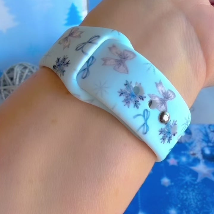 Video: Snow Pretty In Blue Samsung Galaxy Watch band worn on the wrist, then both straps shown on a jewelry box
