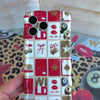 Trendy red and white wavy iPhone case featuring a collage of leopard print cherries, 8-balls, red lips, and lucky 777 dice with a high-gloss finish.