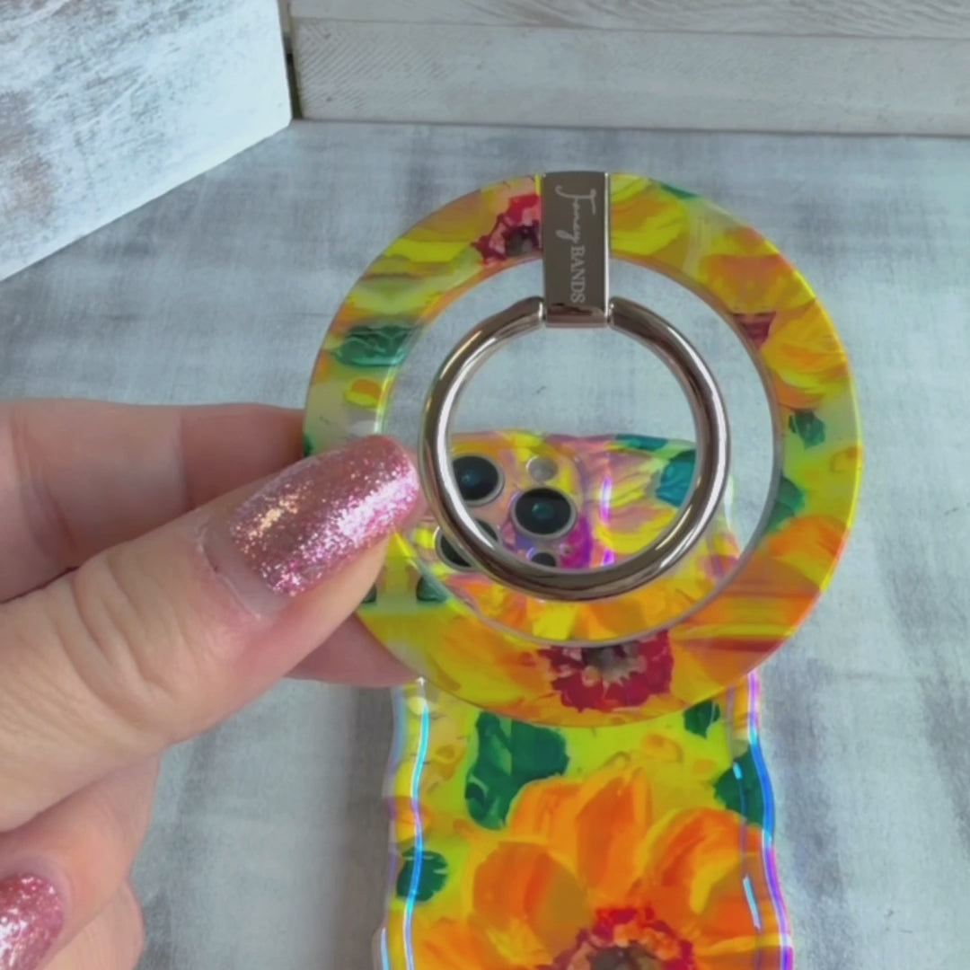 Sunshine Petals sunflower pattern MagSafe phone grip ring with bright yellow flowers and green leaves compatible with iPhone and Samsung