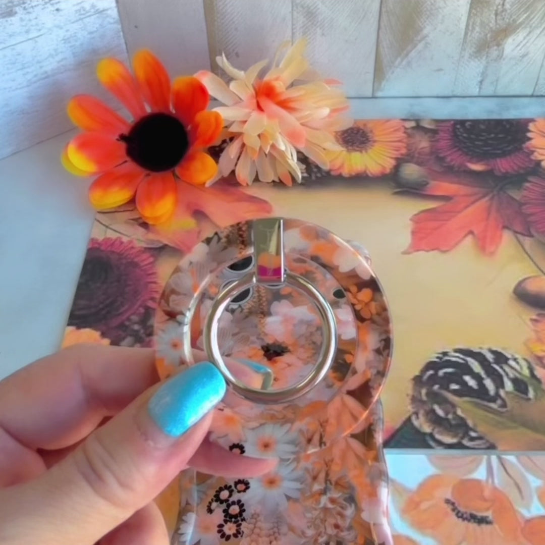 Fall Blooms Hold It Fancy MagSafe grip ring with a warm autumn floral print in orange and cream from Fancy Bands