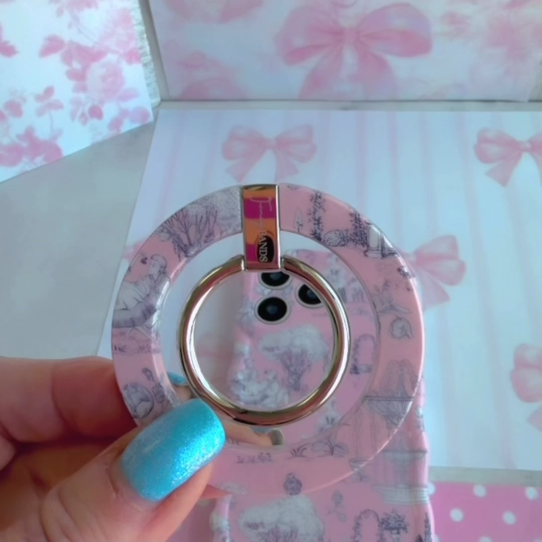 French Affair Hold It Fancy MagSafe grip ring with a pink and navy toile de Jouy print design from Fancy Bands