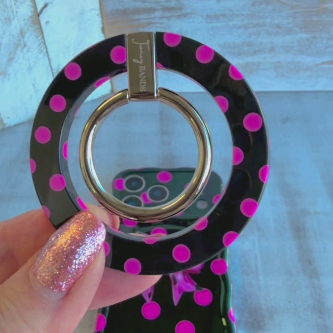 Sweet Spot black and pink polka dot MagSafe phone grip ring and stand compatible with iPhone and Samsung